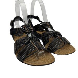 VTG Steven Steve Madden Black Faux Leather Strappy Wedge Sandal Braid Detail Sz8